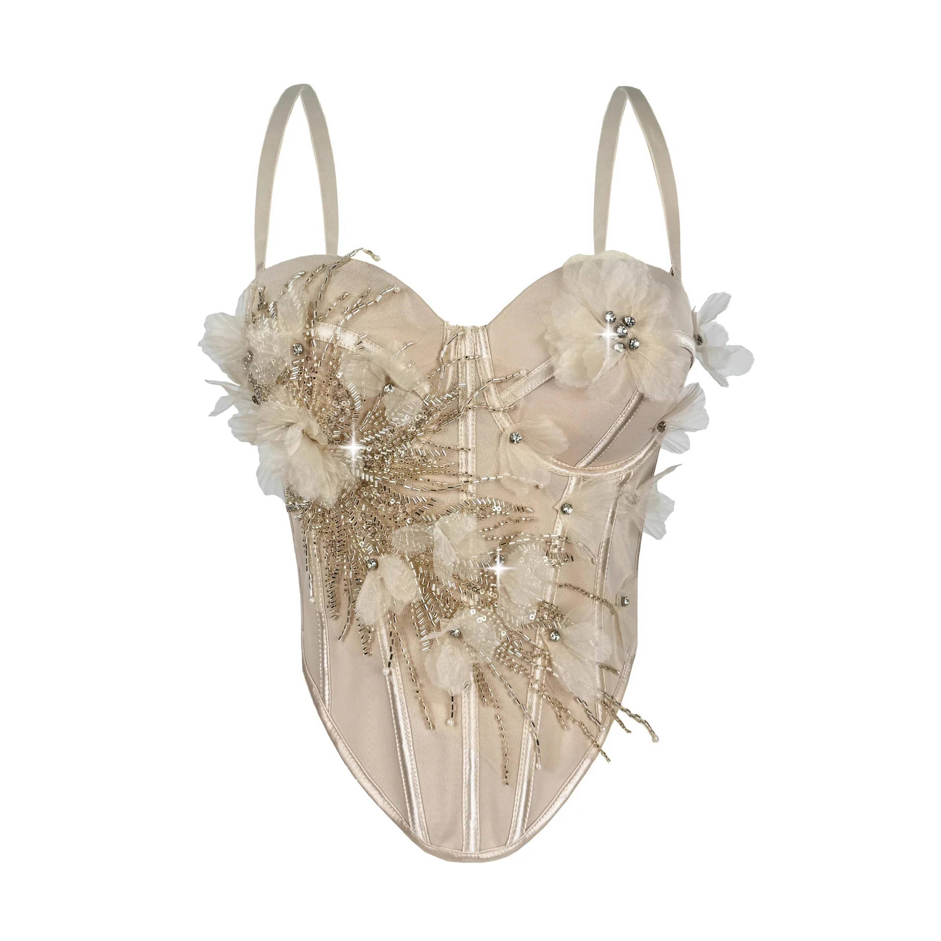 Floral Beaded Corset Backless Bustier Top with Boning, Stage Performance Camisole for Women, Evening Wear Corset Top
