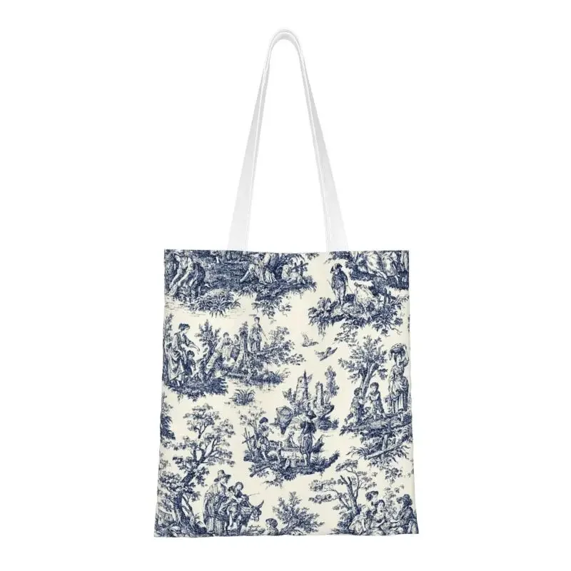 NOMADES Artsy Vintage personalizado Toile De Jouy bolso De mano para compras De comestibles para mujer, bolsos De hombro De lona azul marino y blanco, bolsos De compras