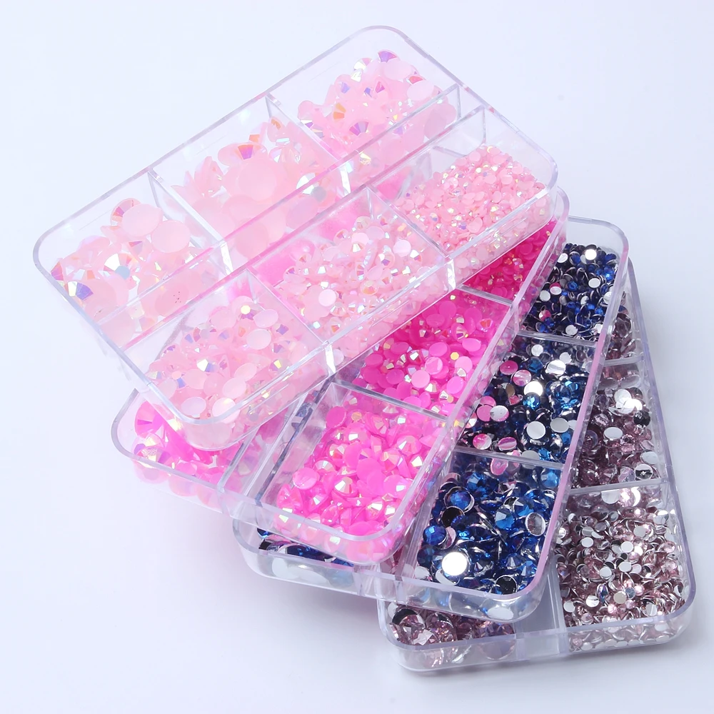 New Shiny Resin Rhinestones 2 3 4 5 6mm Box Package Many Colors Flatback Round Glue On Diamonds For DIY Nails Art Decorations