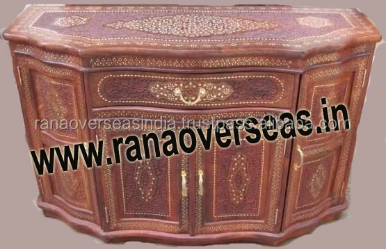 Four Door And One Drawers Hand Carved Luxury Wooden Chest With Brass Inlay Design For Home Decor