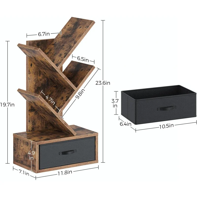 رف كتب مع درج، 4 أرفف شجرة، أرفف كتب خشبية، رف تخزين أقراص مضغوطة/أفلام/كتب، خزانة كتب بنية ريفية، Util