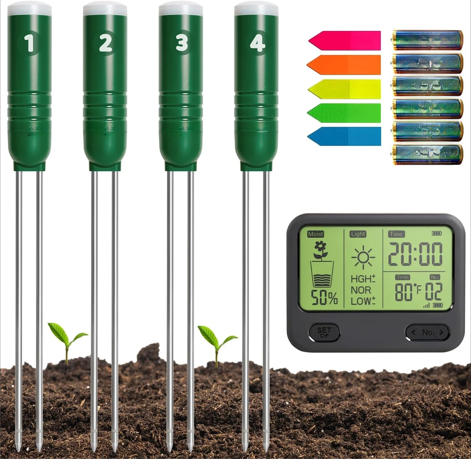 Soil Moisture Meter for Plants, 4-in-1 Soil Tester for Moisture/Temperature/Sunlight/Time