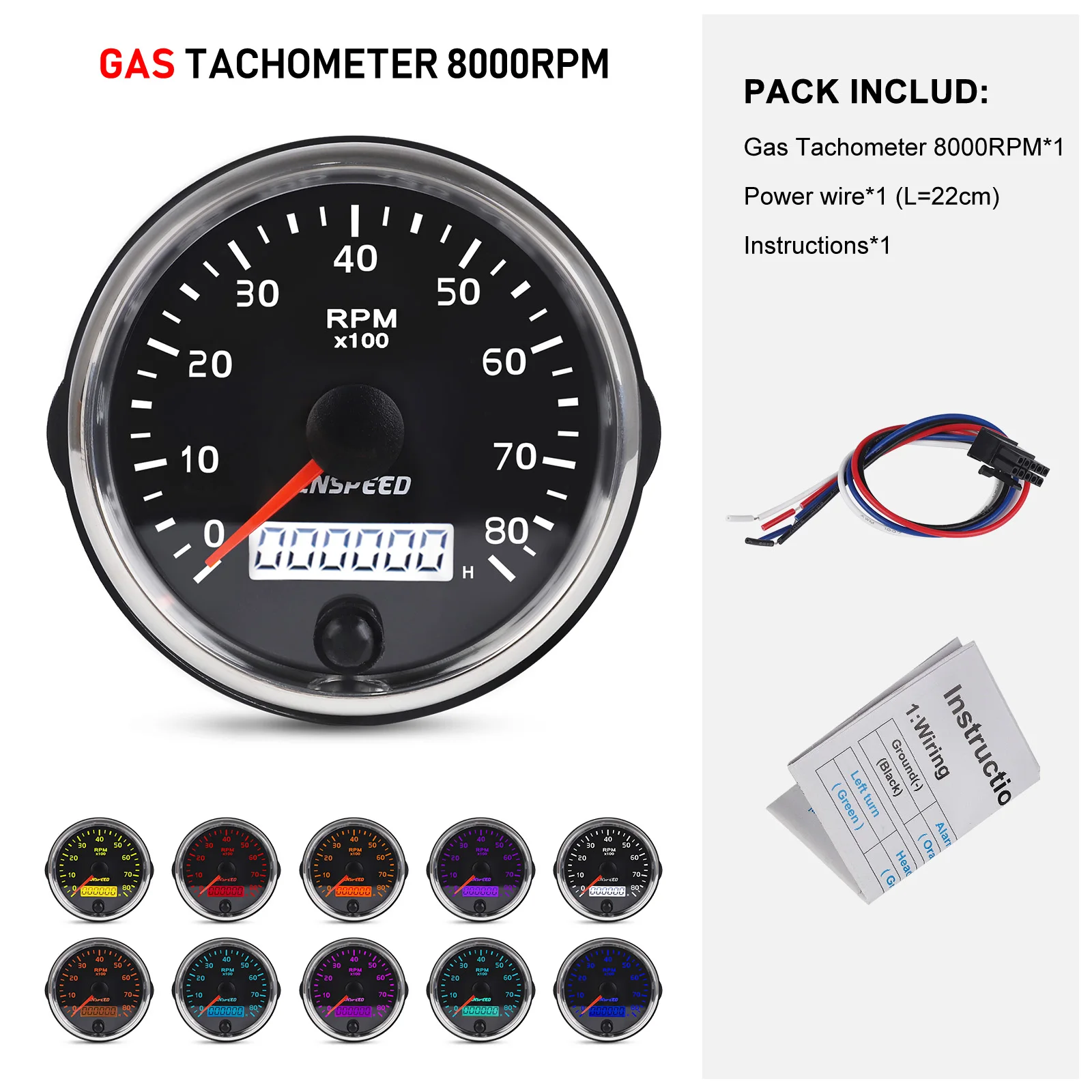 Amber/White Light RPM Gauge With LCD Hourmeter 85MM GAS Tachometer 0-8000RPM 12V/24V Tacho Meter For Petrol Boat Car Marine Boat