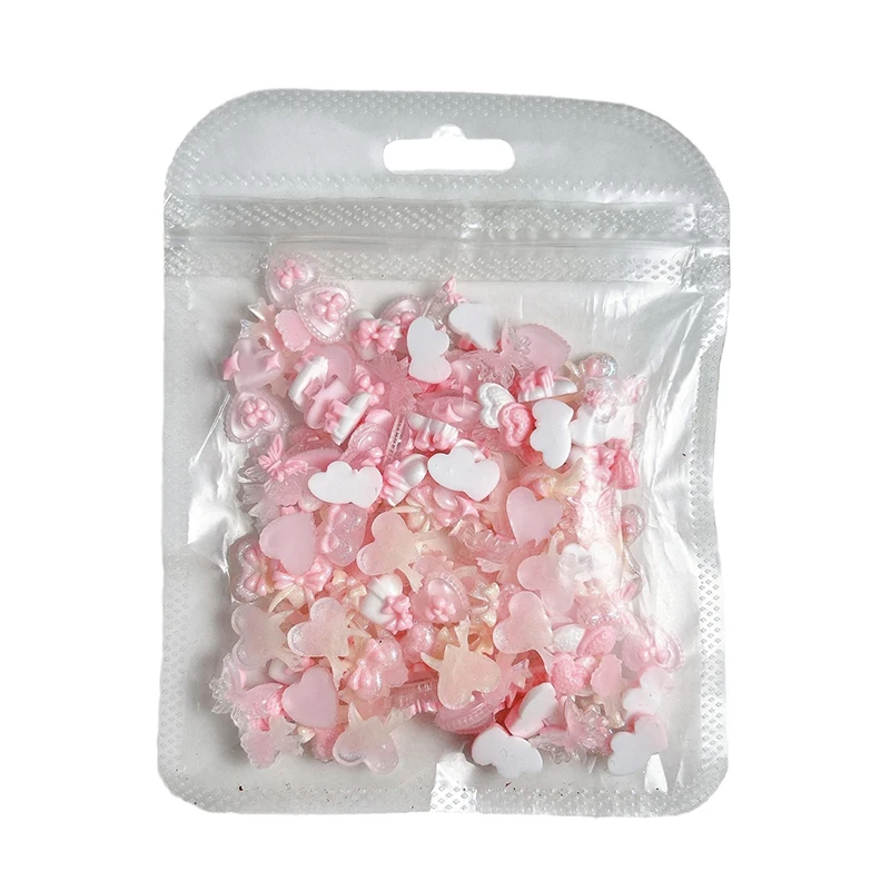 50 pièces papillon pêche coeur doux vent rose série arc coeur résine ongles breloques 3D lumineux Double Nail Art décorations bricolage ongles