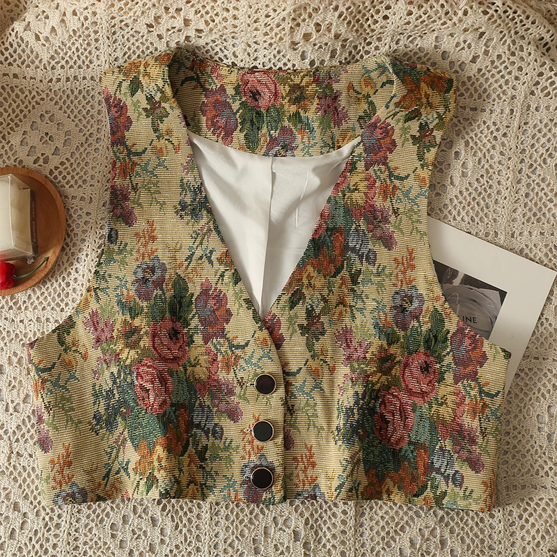 Short Sleeveless Retro Printed Oil Painting Vest for Women Waistcoat Chaleco Mujer Sexy Y2k Tanks Top Camis V Neck Summer Jacket