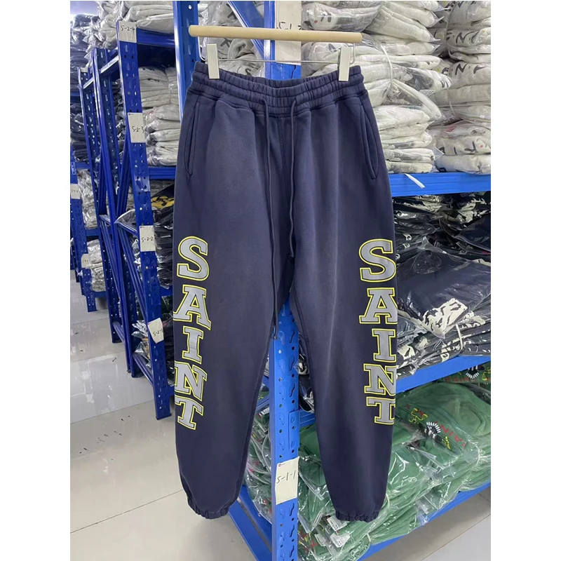 

Big SAINT Print Pants Washed Blue Drawstring Sweatpants Men Women Vintage High Quality Loose Trackpants Terry Cloth Trousers GYM