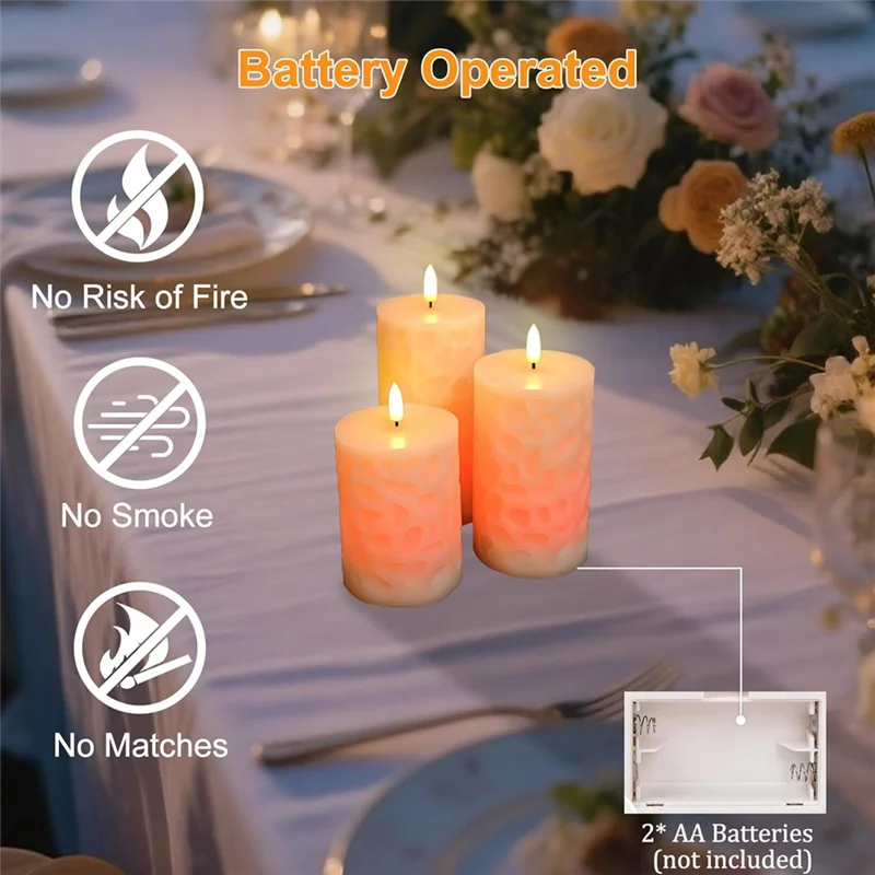 AT63-Flameless Electric LED Moving Wick Flickering Candles- Warm White Light With Remote Control, 3-Pack For Weddings For Decora