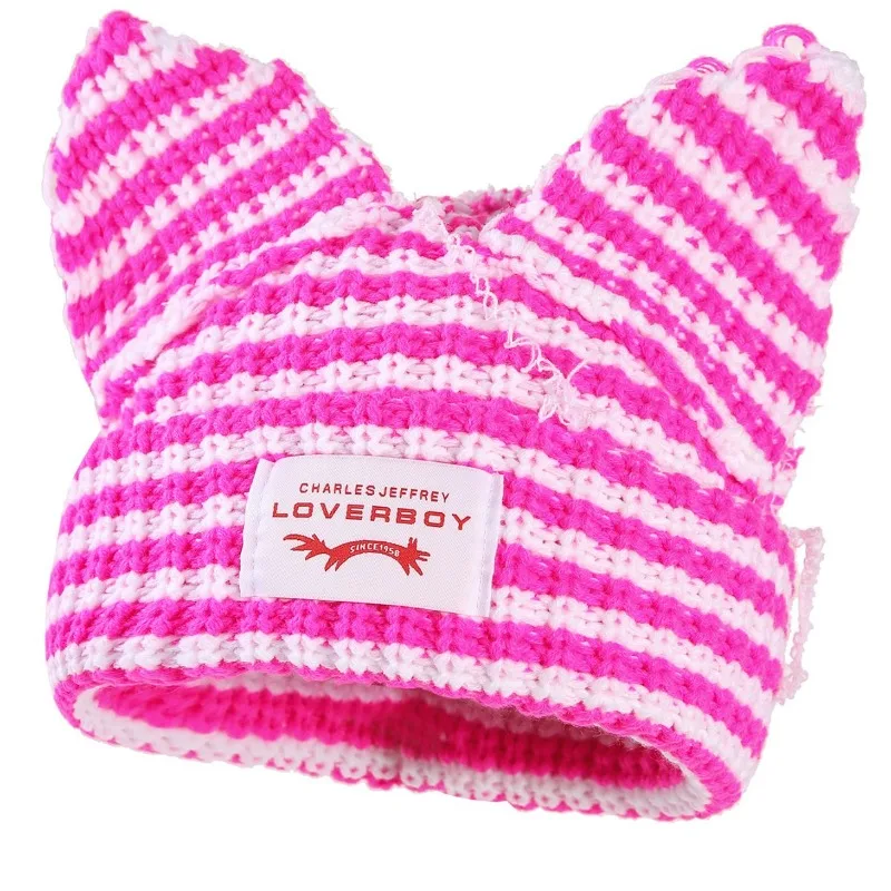 Y2K Cute Striped Cat-Ear Knit Beanie,Women’s Warm Streetwear Skullcap,Kawaii Harajuku Streetwear, Fall/Winter, Warm Knitted Hat
