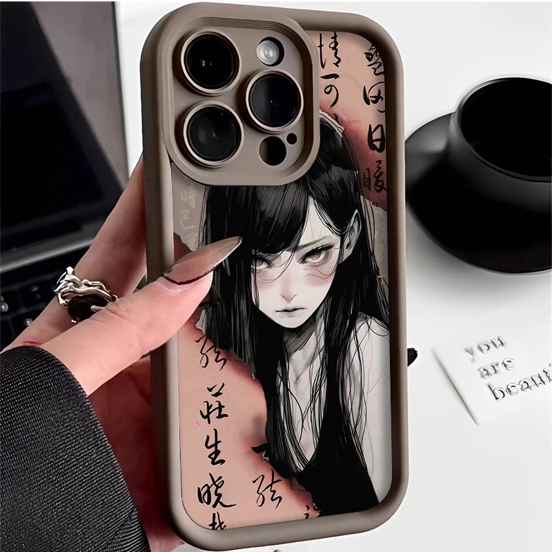 Ancient Calligraphy Illustration Girls Phone Case for iPhone 14 15 Pro Max 13 12 11 X XS XR 7 8 Plus SE 2020 Protective Cover