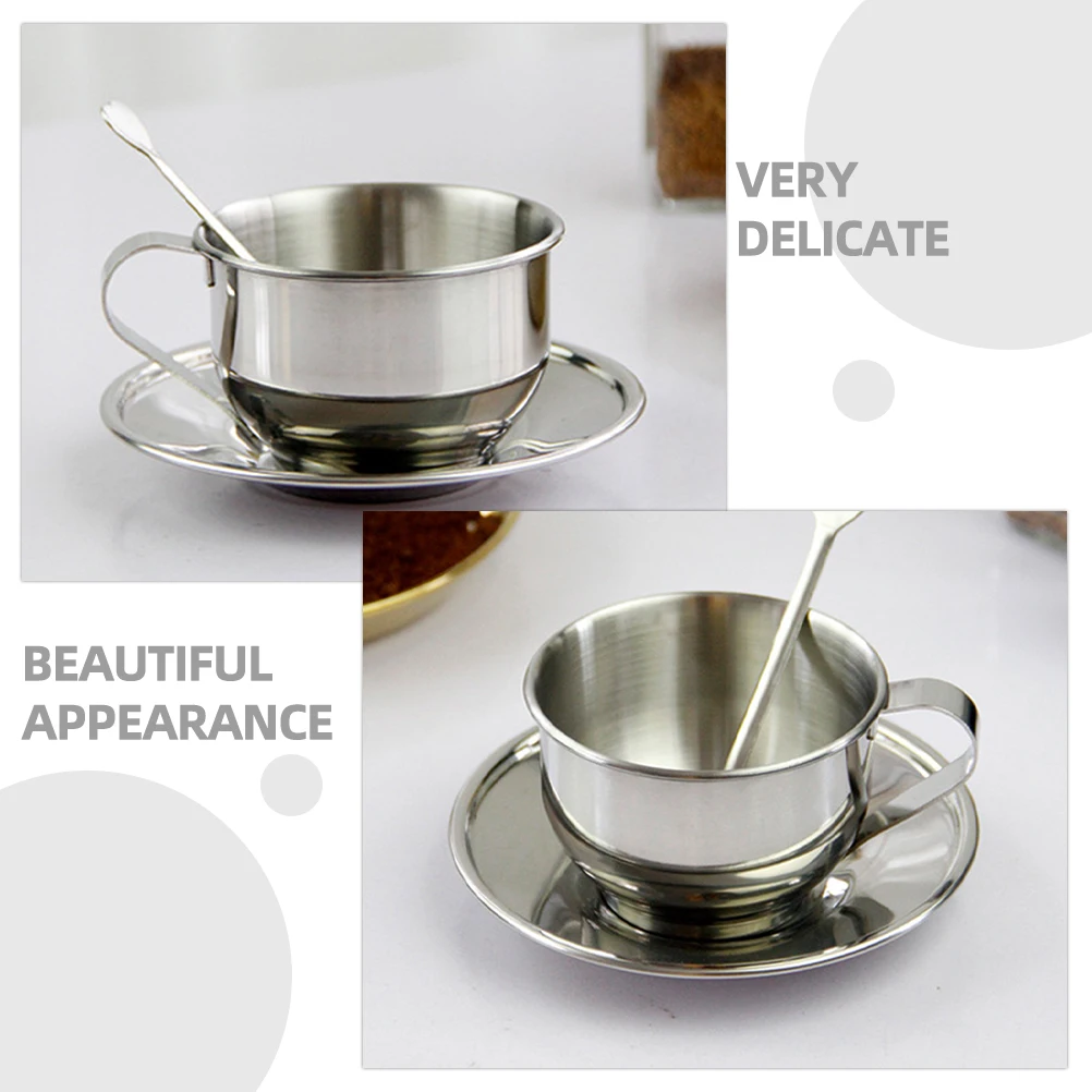 

European Style Coffee Mug Cup Saucer Set Stainless Steel Tea Glass Drink Retro Practical Durable Elegant Silver Travel