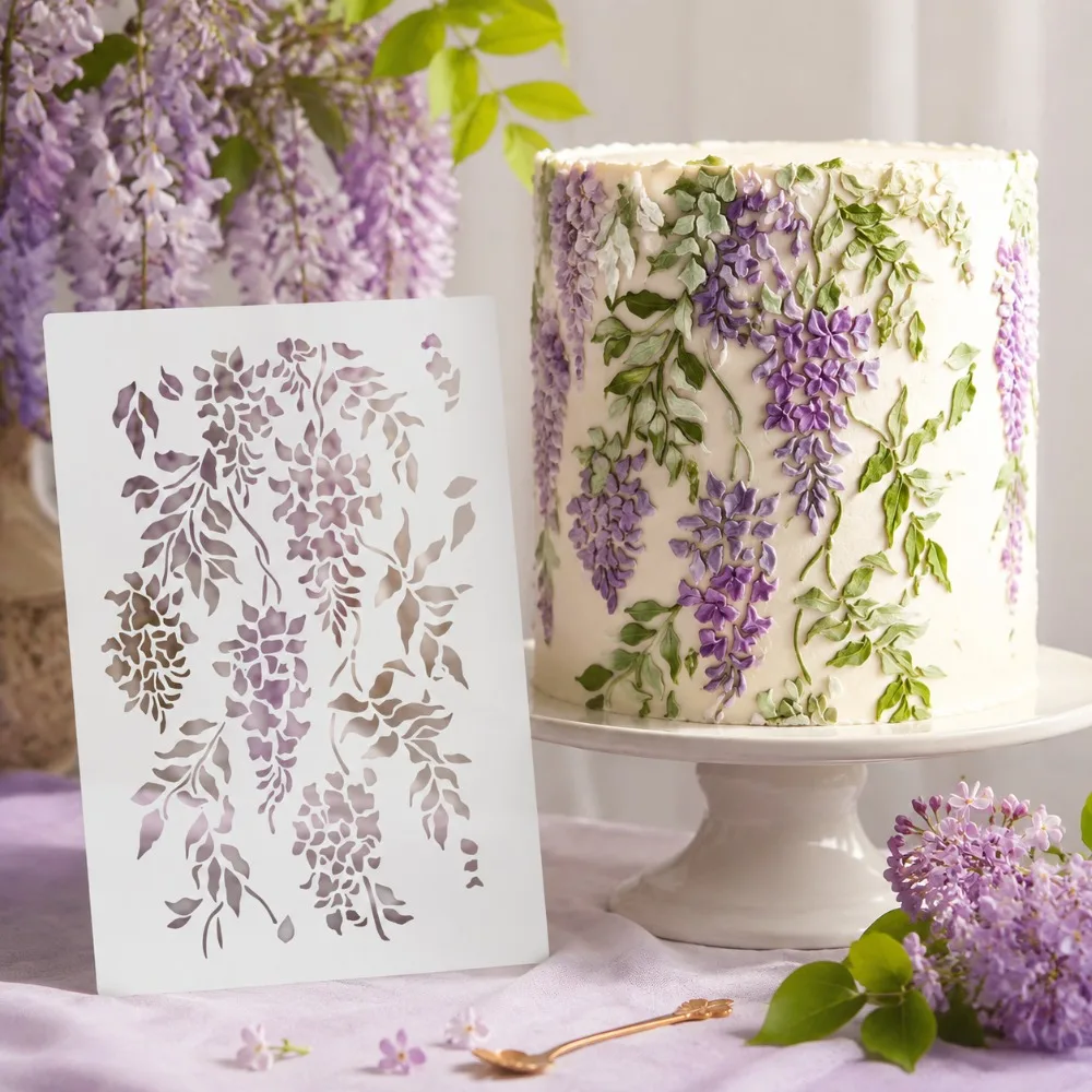 PET Wisteria Vine Hollow‑Out Stencil, Food‑Grade Template for Cream Frosting, Baking Decor & DIY Painting Tool