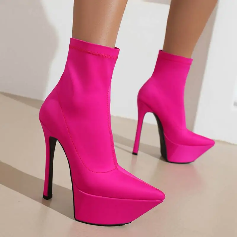 

SIMLOVEYO Brand Shoes Stretchy Satin Booties Pointed Toe Platform 4.5cm Thin High Heels 14.5cm Big Size 43 Sexy Lady Boots