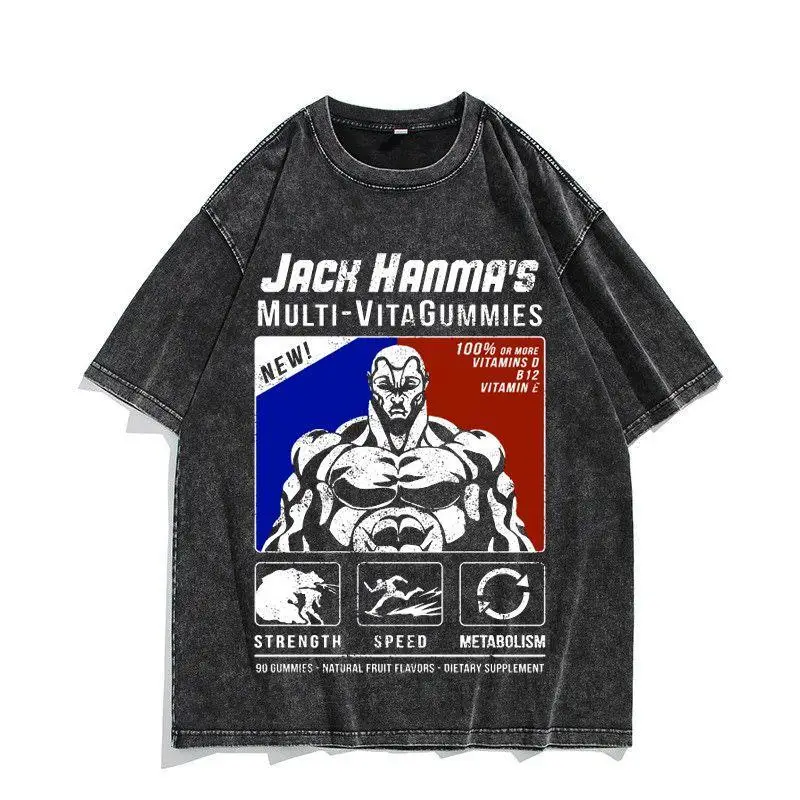 Old Washed American JACK HANMA Animation Jack Street Trendy Brand Round Neck Retro Hip Hop Short Sleeve T-shirt Men's Casual