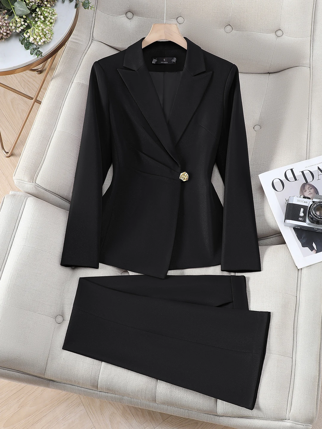 High-End Pure Color Commute Professional Women's Suit Set OL Business Formal Workwear Waist-Cinching Double-Breasted Jacket
