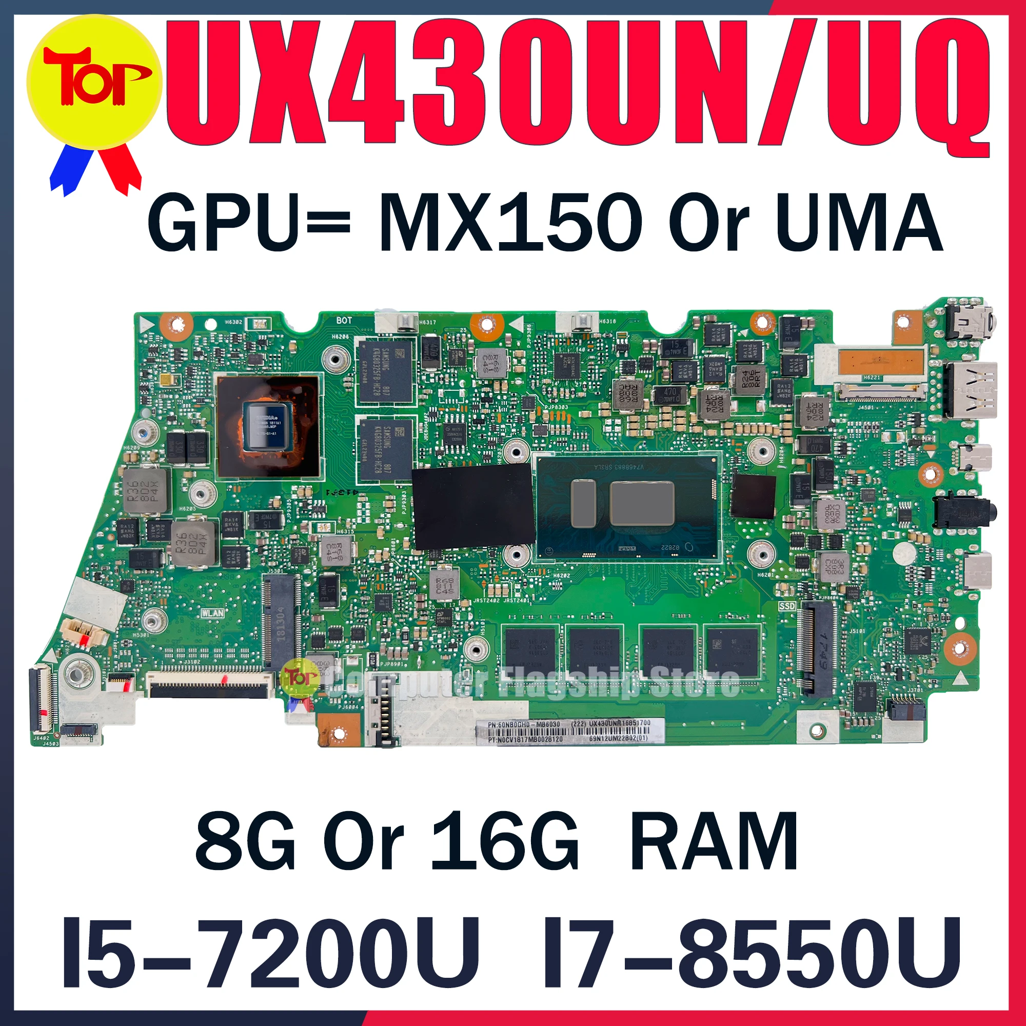 UX430UN Laptop Motherboard For ASUS Zenbook 14 UX430UQ UX430UNR UX430UA UX430UAR UX430U 8G 16G-RAM  I5 I7 MX150/V2G Mainboard