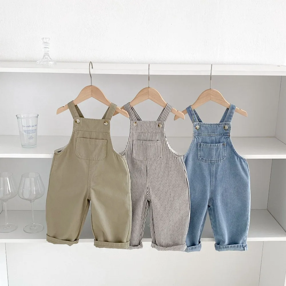INS Autumn Kids Overalls 1-6Years Children Boy Girl Pocket Denim Jumpsuit Striped Suspender Pant Outfits Toddler Clothes