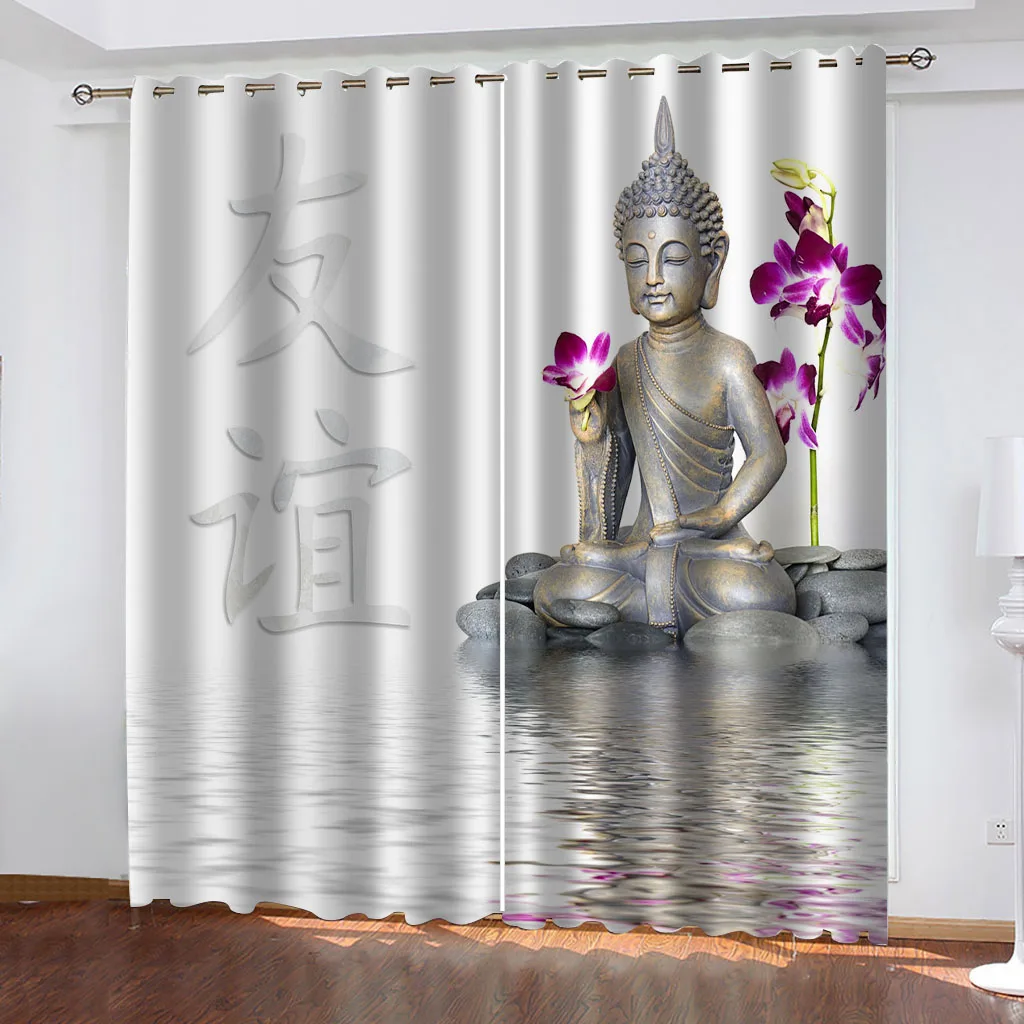 HUANZHUANG Bedroom Decoration Buddha Statue Blackout 2 Pieces Fashion Window Drapes Curtain For Living Room Bedroom Decor