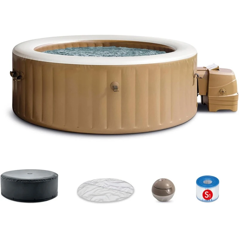 PureSpa 4 Person Bubble Massage Inflatable Hot Tub Spa Set, Sahara Tan