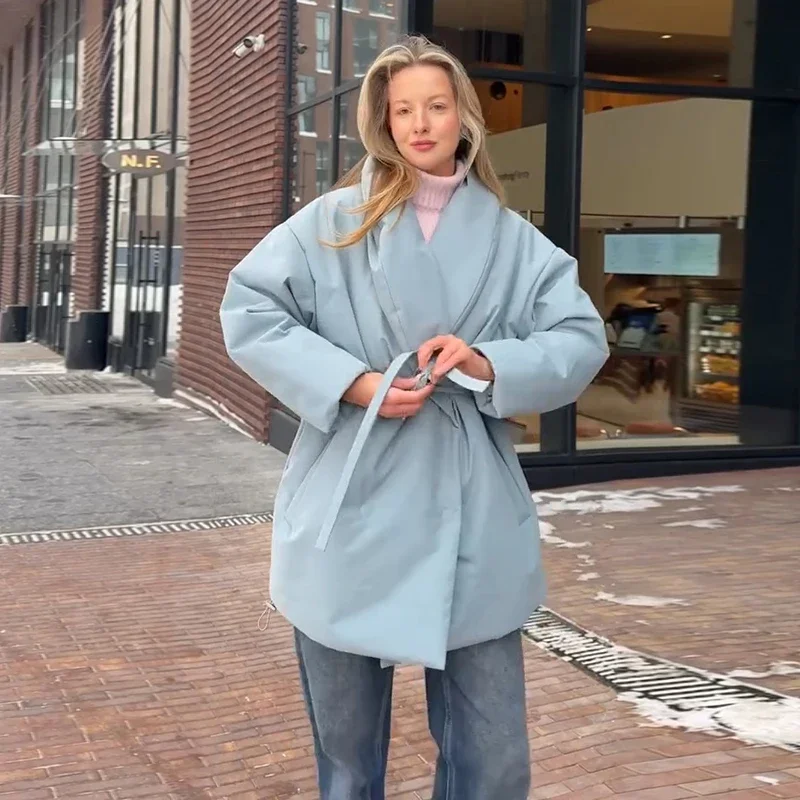 Casual Solid Loose Thicken Coat Women Lapel Full Sleeve Lace Up Single Breasted Female Coats Female 2026 Winter Lady Jacket