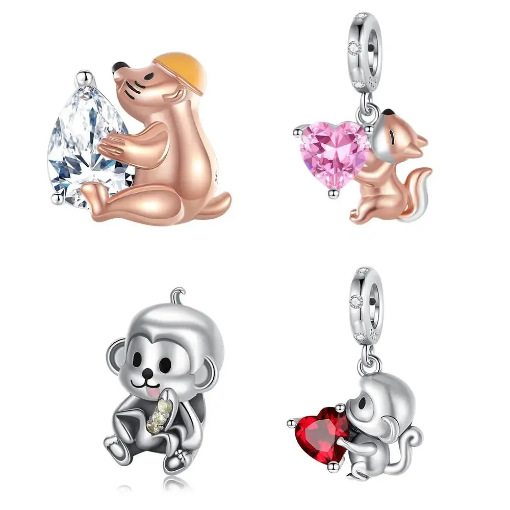 Silver Plated Gopher Embracing Heart Beads Charm Bracelets for Women Fit Pendant Charms Beads for Fine Jewelry Making Gift