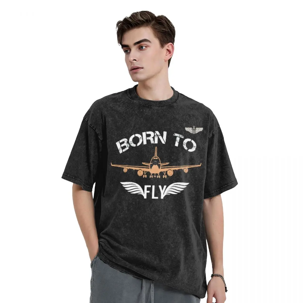 Born To Fly Flight Pilot woman Men Washed T-Shirt Hot stamping Print Tees,Harajuku Cotton Tshirt Men's Summer Short Sleeve Tees