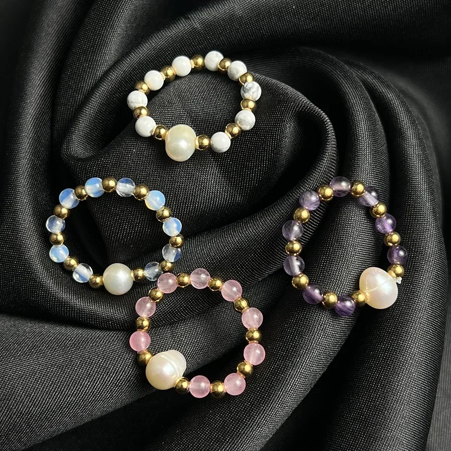 New Natural Stone Freshwater Pearl Ring Wedding Jewelry Handmade Gift Heart Shaped Flower Ladies Ring Stainless Steel Beads image 3