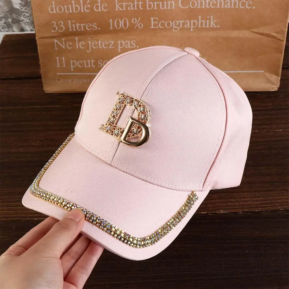 M Letter D English Letters Sunscreen Hat Adjustable Peaked Cap Women Baseball Cap Bling Rhinestones Korean Style Sun Visor