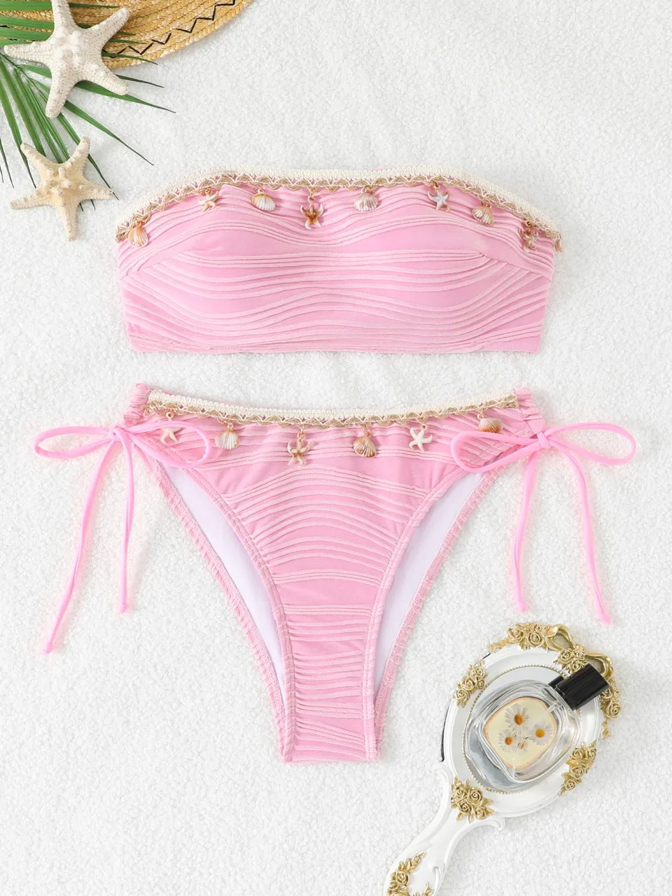 2026 Bandeau Bikini Set Swimsuit Women Solid Ruched With Shell & Starfish Pendant Swimwear Female Bathers Swimming Suit Summer