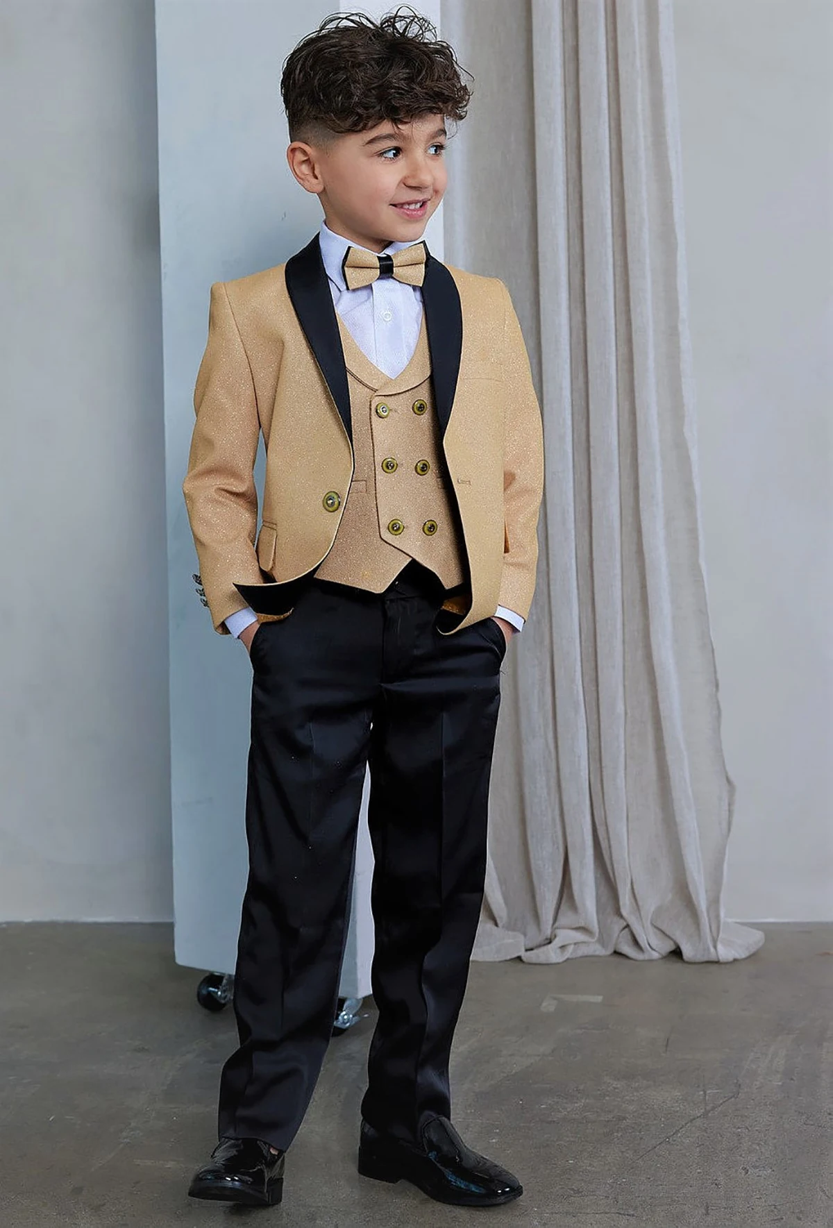 Costumes pantalon champagne pour petit garçon, costume de fête de mariage, vêtements de Rhd'anniversaire, veste 3 pièces, pantalon noir