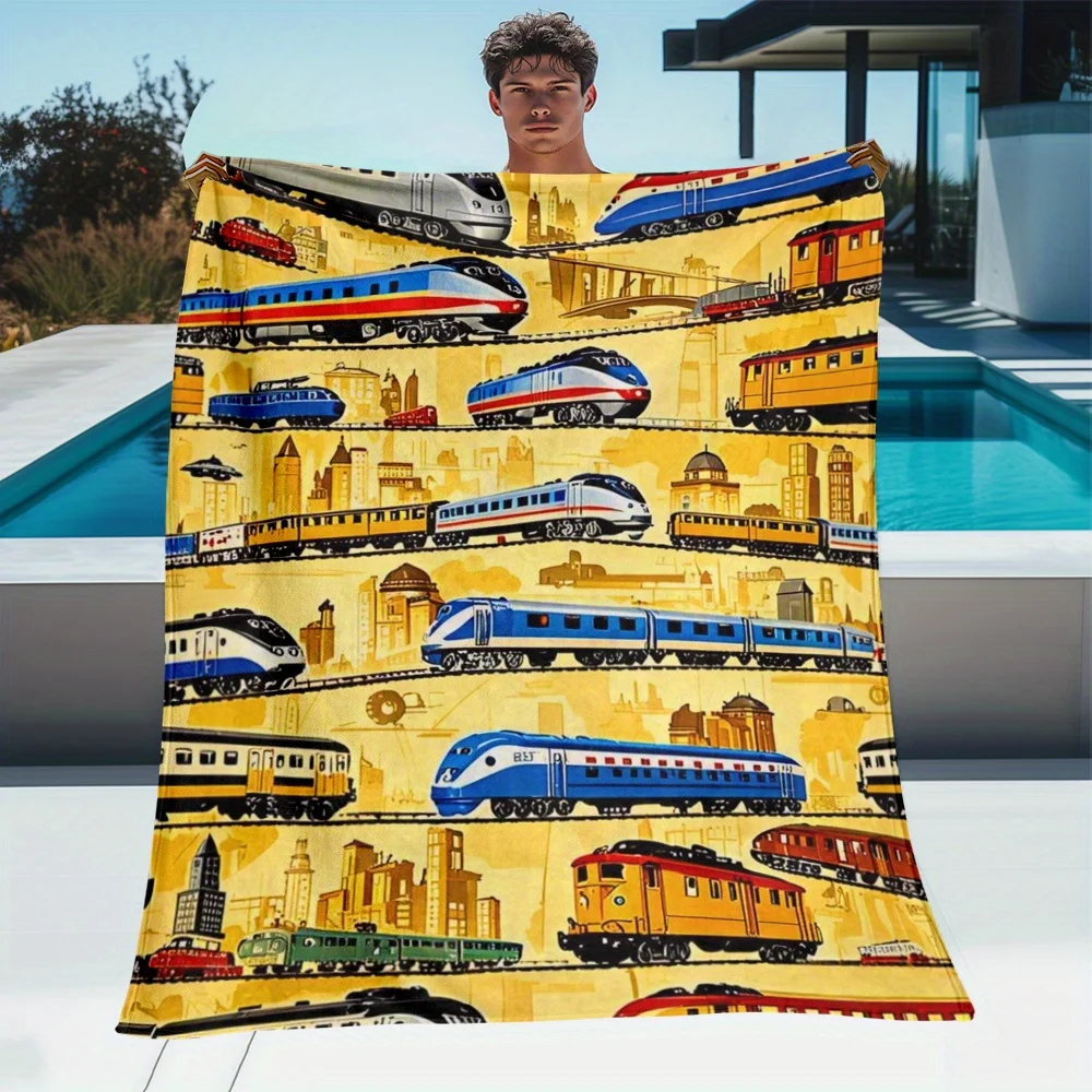 1pc Train pattern fleece blanket yellow cartoon locomotive cityscape kids room decoration travel theme soft throw cover