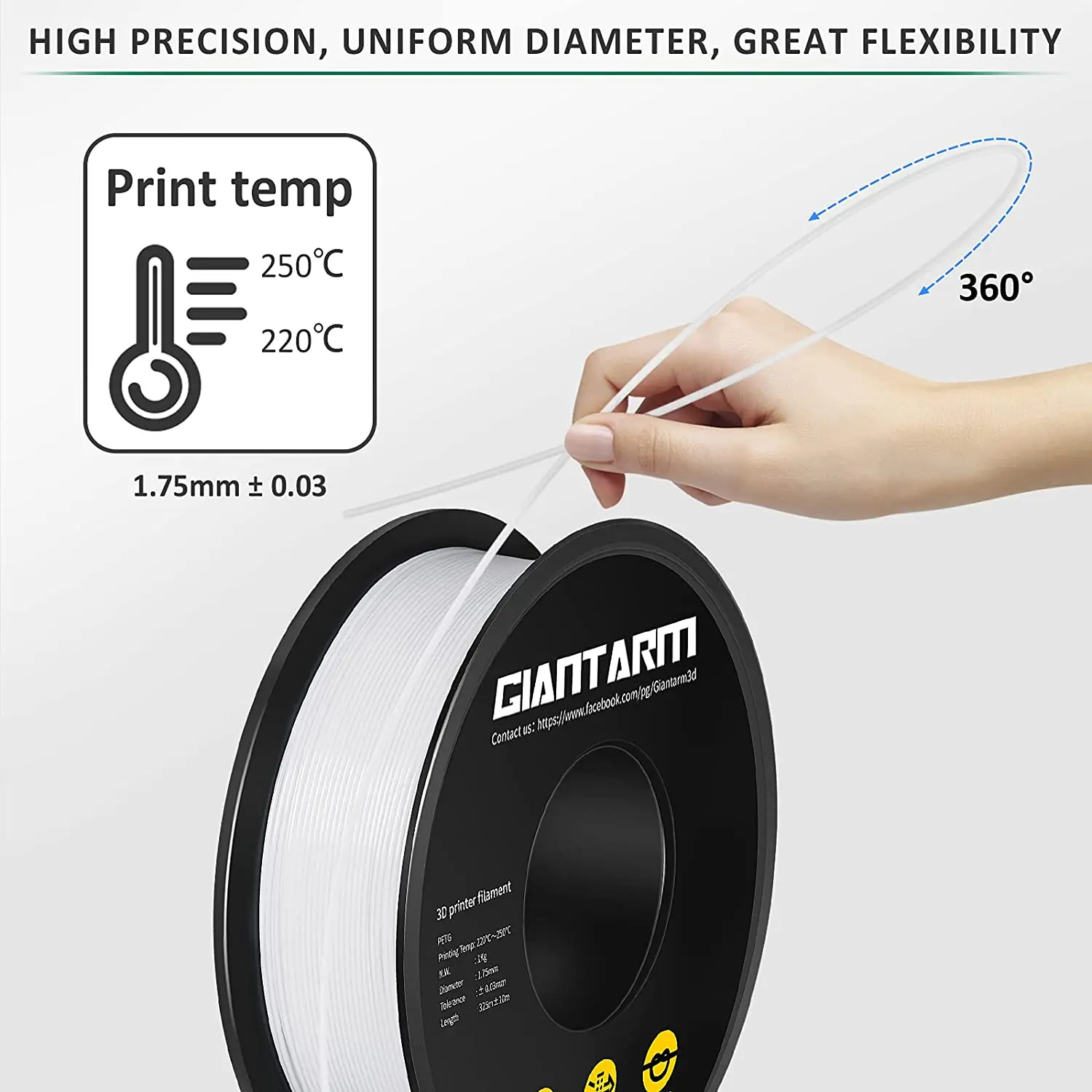 GIANTARM PETG Filament 1,75mm 1kg 2,2lbs ±0,03mm Verhedderungsfrei Verstopfungsfrei Hochglänzend Zäh Mehrfarbig 3D-Drucker Filament Vacu – Detail 2