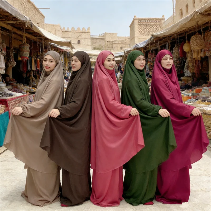 

2PCS Ramadan Eid Djellaba Muslim Women Hijab Dress Prayer Garment Robe Abaya Hooded Khimar Gown Skirt Set Islam Jalabiya Burqa