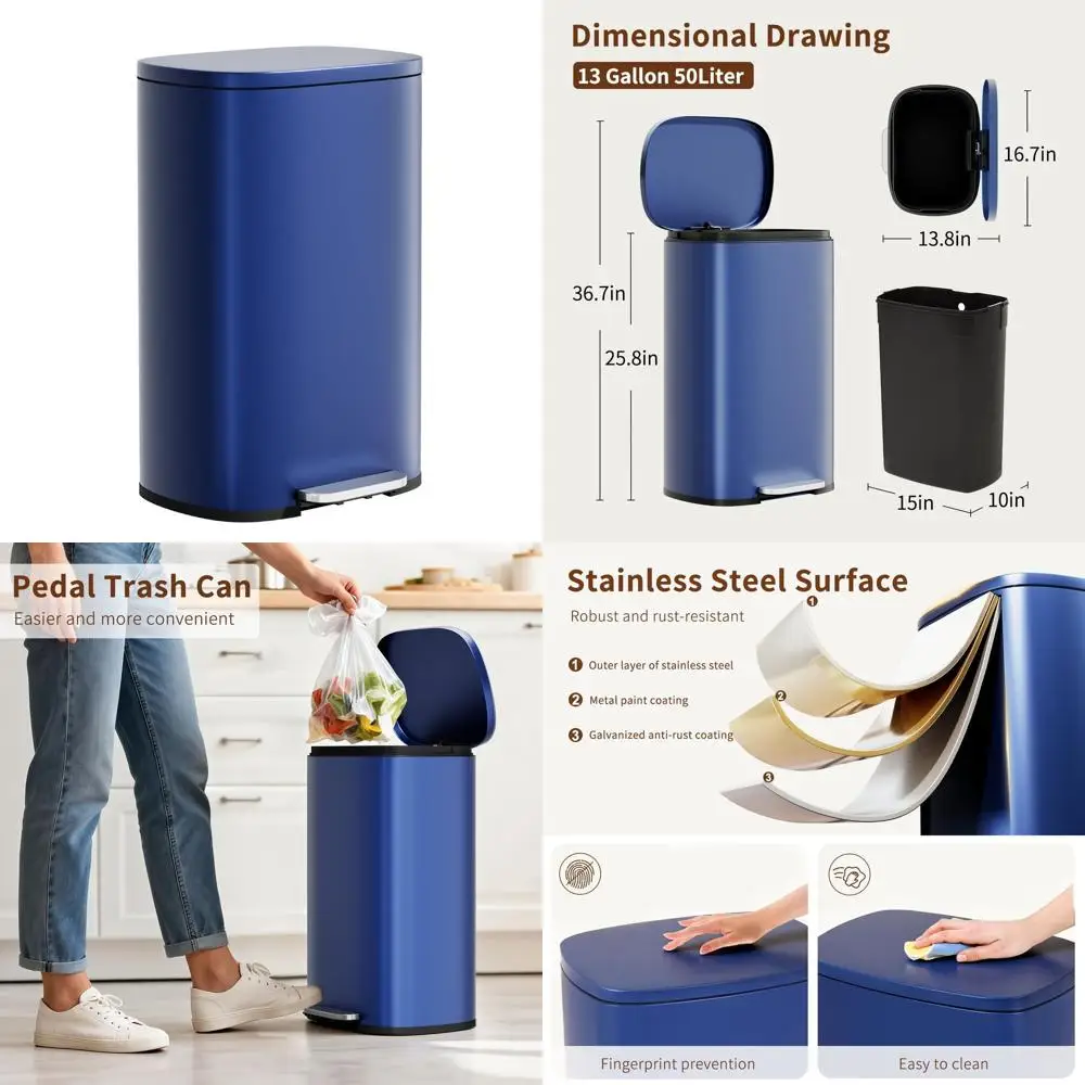

Foot-Pedal Deep Blue 13-Gallon Stainless Steel Trash Can with Removable Lid and Inner Bucket