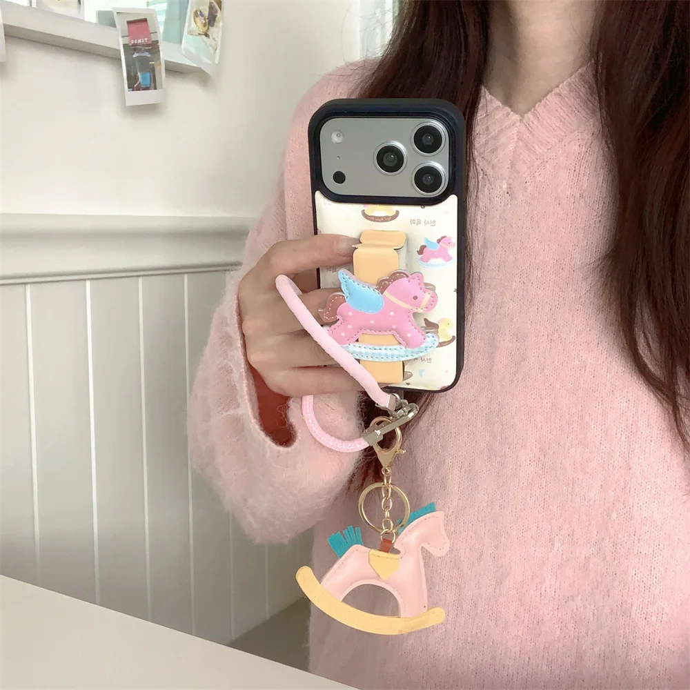 

Kawaii Pony Leather Fashion Phone Case for iPhone 17 Pro 13 14 15 Pro Max 17 16 Max Case with Chain Fundas Cute Protective Cases