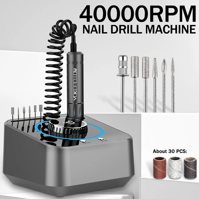 Máquina elétrica de unhas 40000rpm, kit de lixa de unhas profissional, baixa vibração com função de memória para polimento de unhas acrílicas