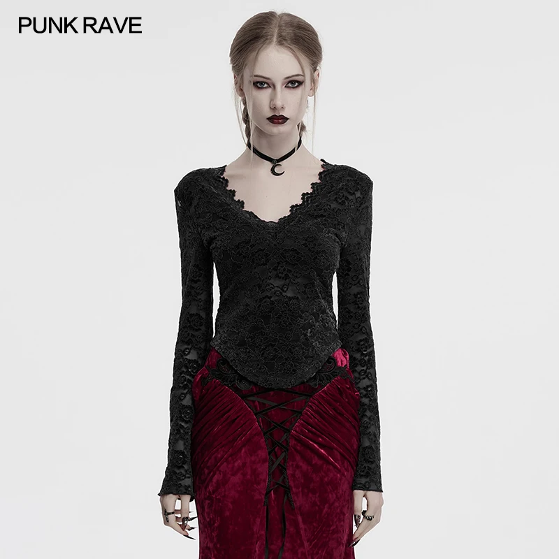 

PUNK RAVE Women's Gothic Minimalist Versatile Design Sexy V-neck Lace Shirt U-shaped Hem Vest Tops Two Colors
