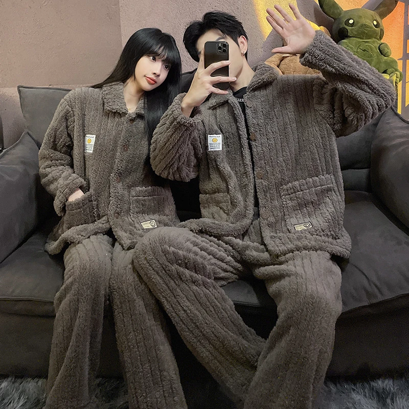 

Warm Thicken Coral Fleece Couple Winter Sleepwear for Sleeping Men's Loose Soft Pajamas Korean Style Women Cartoon Pajama Sets