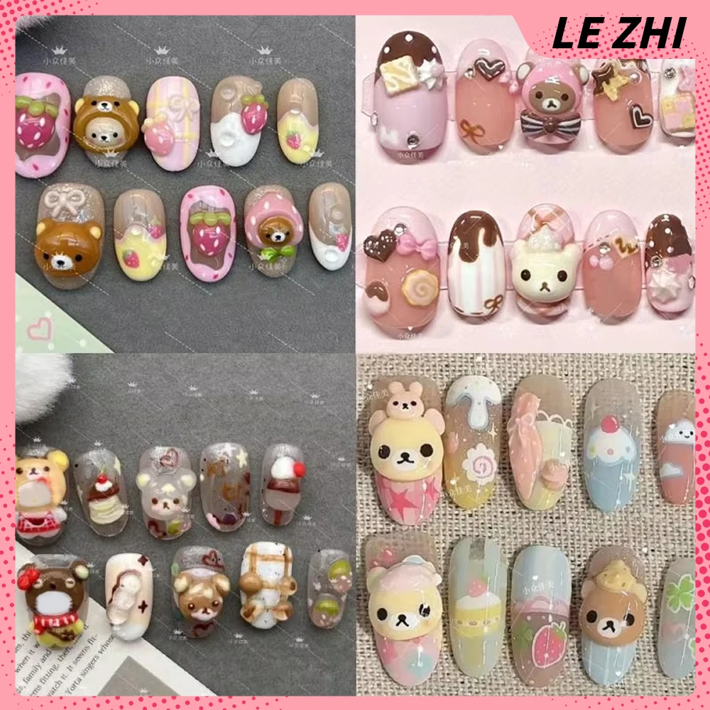 

Kawaii 3D Anime Teddy Bear Handmade Press On Nails Cute Dessert Bread Animals Short Square Round Detachable Nails