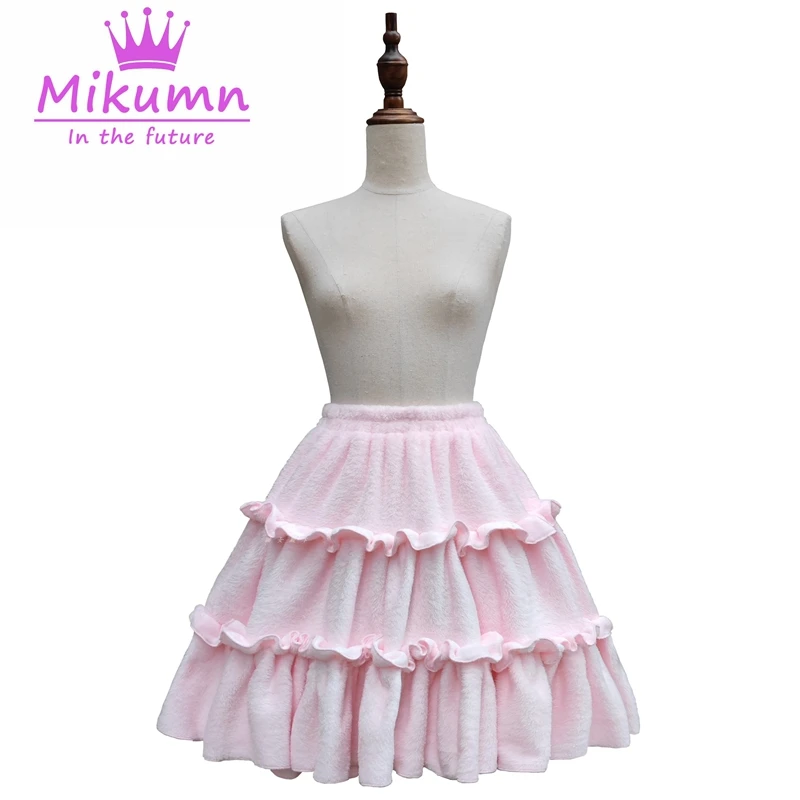Harajuku Women Winter Thicken Warm Plush Skirt Y2k Sweet Pink White High Waist Pleated Fluffy Fleece Kawaii Lolita Mini Skirt