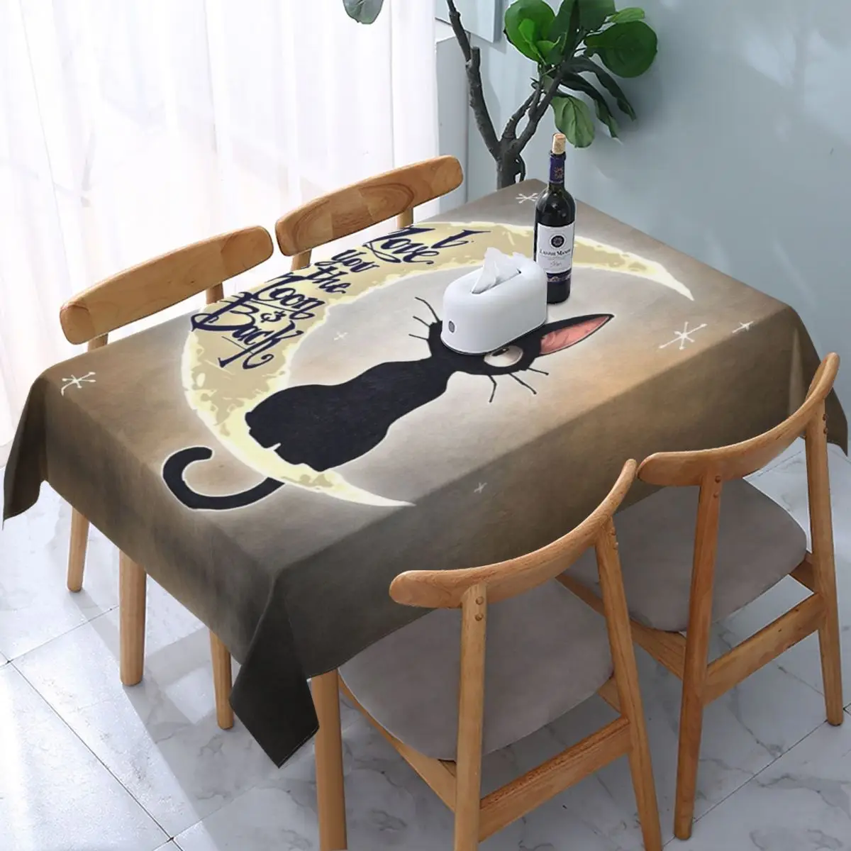 Black Cat And Moon Pattern Tablecloth Rectangular Elastic Fitted Waterproof Cartoon Kitten Table Cover Cloth for Banquet