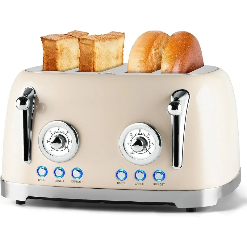 

Тостер на 4 ломтика, ретро-тостер с широкими отделениями для бубликов, тостер из нержавеющей стали с 6 настройками тостов, бублик