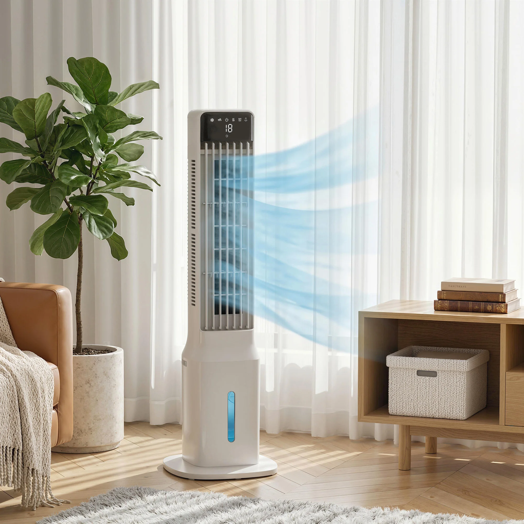 Refroidisseur d'air portable, refroidisseur d'air évaporatif 3-en-1 avec réservoir d'eau de 9 L, 48 °   Oscillation, 3 vitesses, 3 modes, Blanc