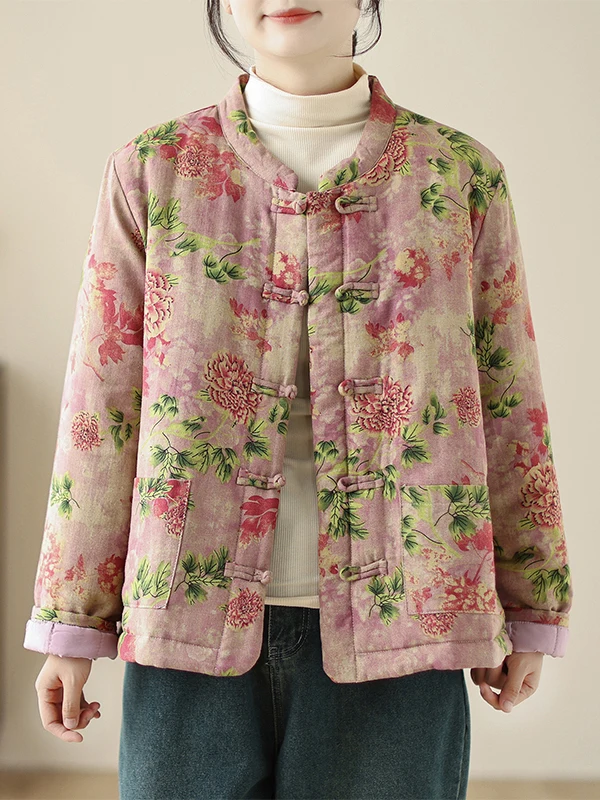 

Thiened Cotton Jaet Winter Outerwear New Chinese Sle Printed Artistic Cotton Coat Large Size Women's Faionable Innerwear