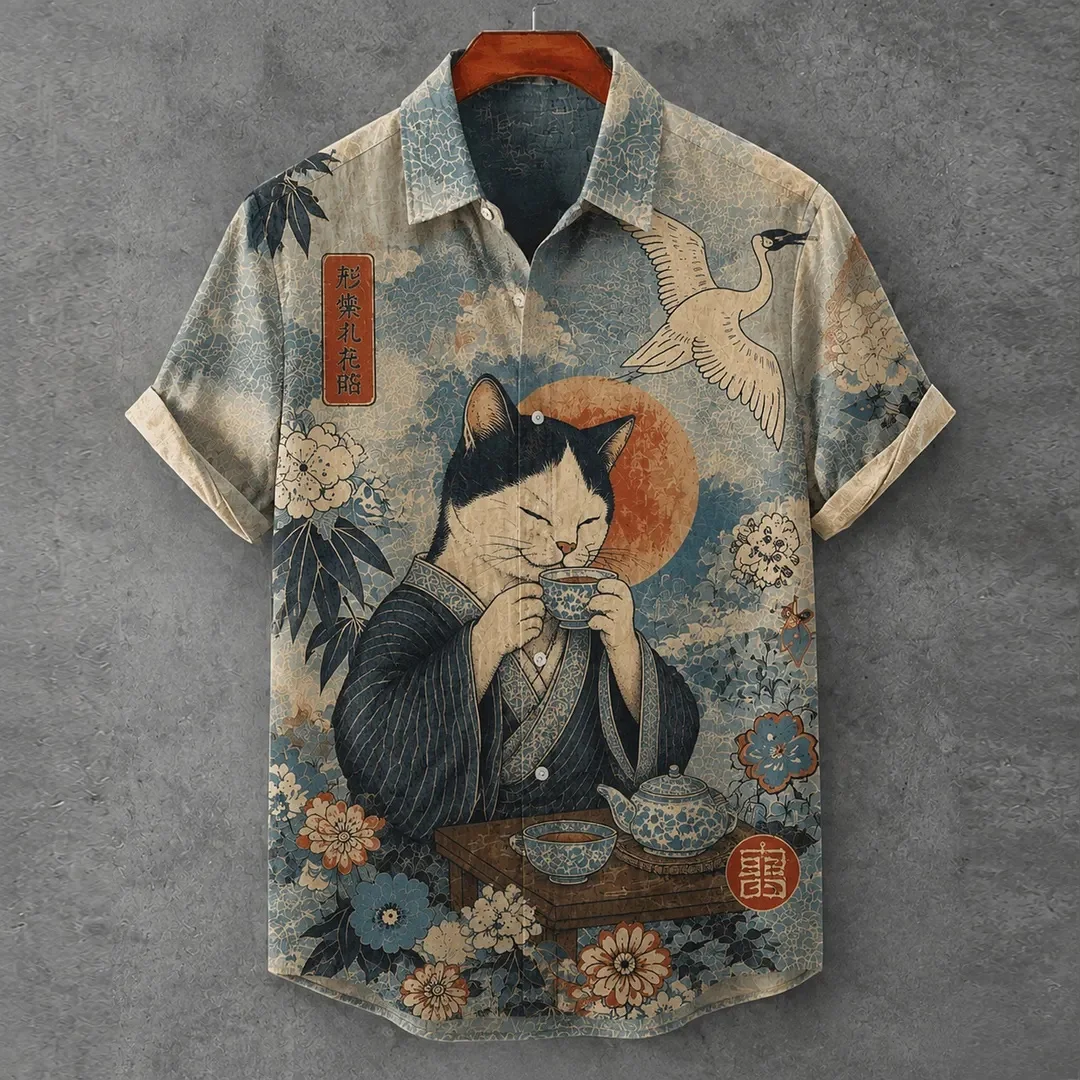 Men's Beige Short-Sleeve Shirt-Kanagawa Wave Print & Collar-Trendy Casual Vacation Top