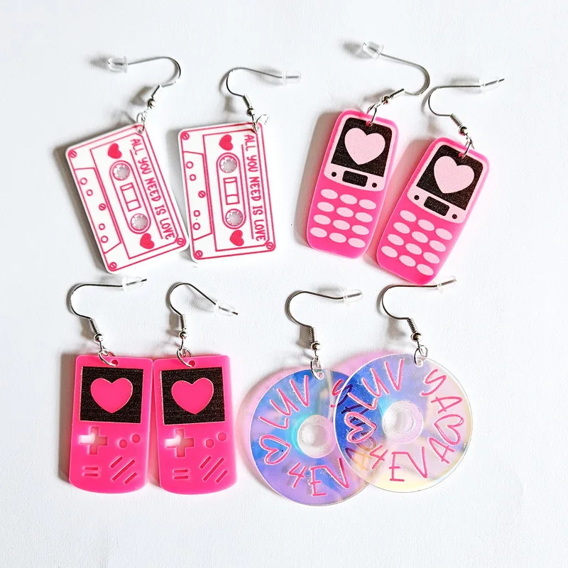 

Pink Valentine's Day Earrings Retro Love Game Machine Magnetic Tape Record Phone Mold Geometry Earrings For Women