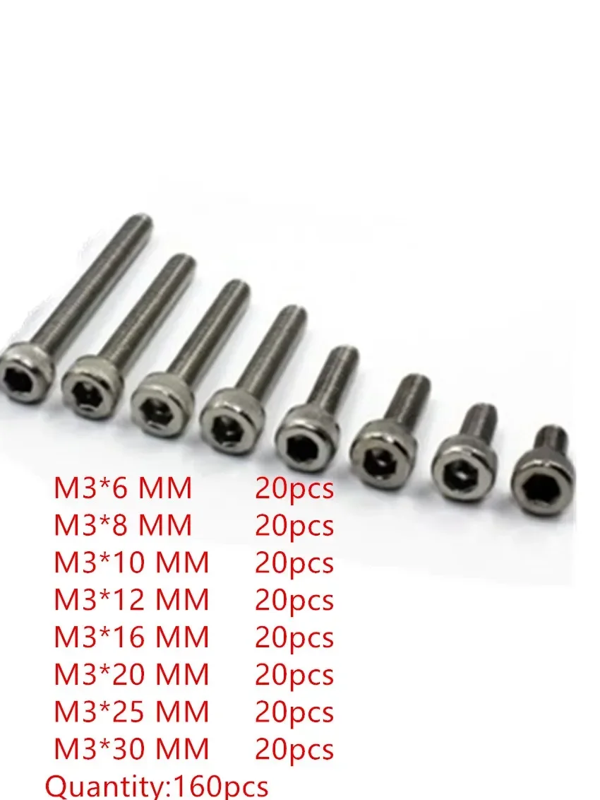 160pc M3 Stainless Steel Screws Allen Hex Socket Head Screw Bolt Fastener M3*6mm/8mm/10mm/12mm/16mm/20mm/25mm/30mm