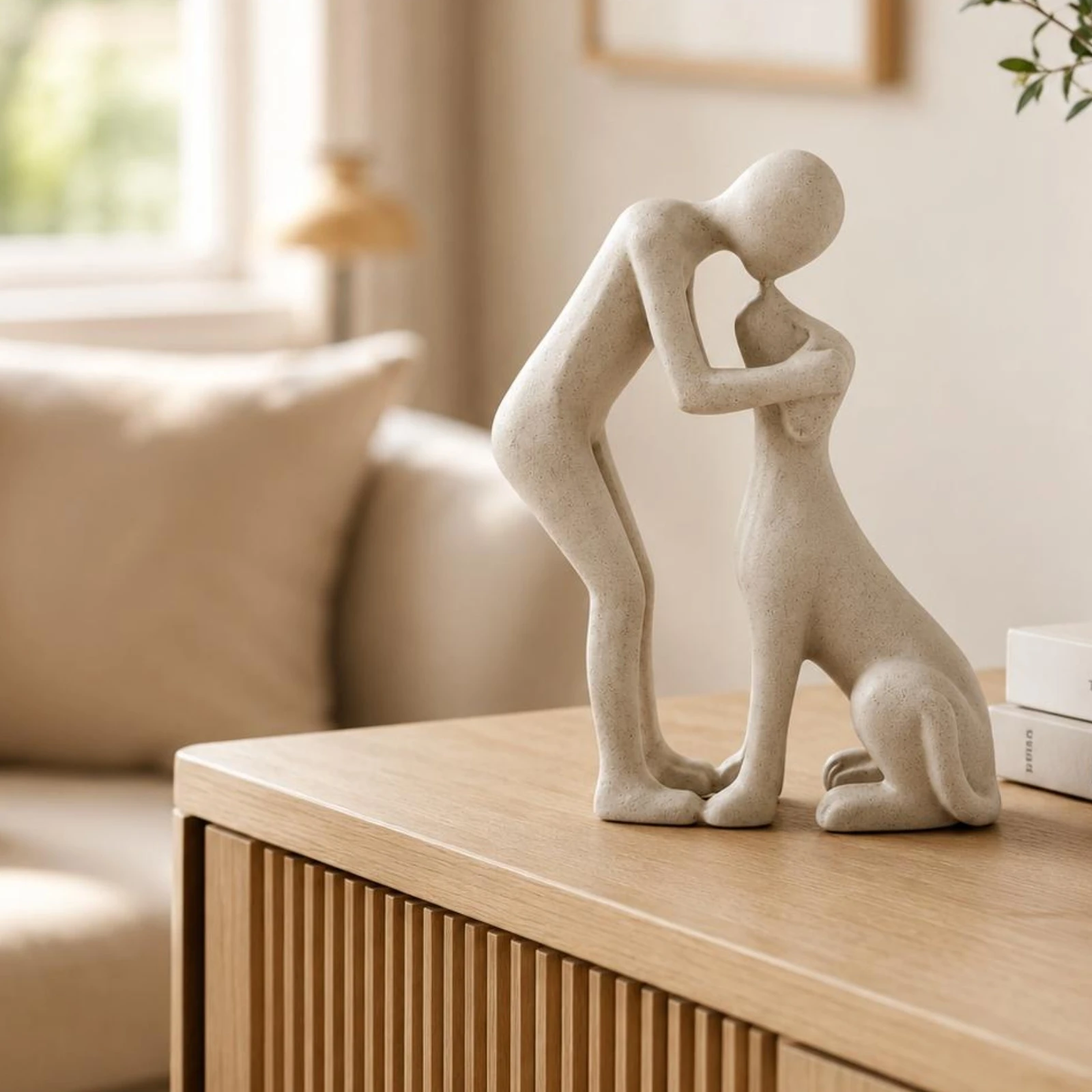 Dog Hug Sculpture Minimalist Dog Sculpture Resin Figurine Polished Desk Ornament Stylized for Shelf