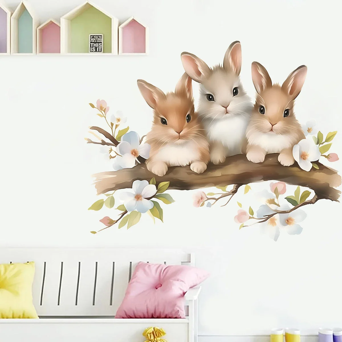1Pc Watercolor Flower Cartoon Rabbit Wall Stickers for Kids Room Decor Baby Room Child Home Decoration Living Room Wall Decals