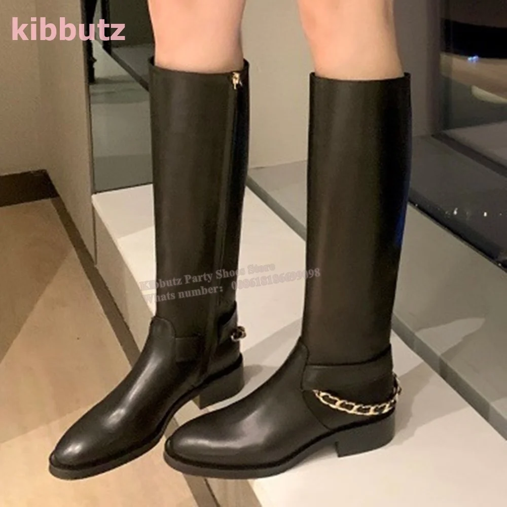 

Metal Chain Knee High Boots Genuine Leather Solid Black Round Toe Square Heel Side Zipper Fashion Elegant Sexy Women Shoes New