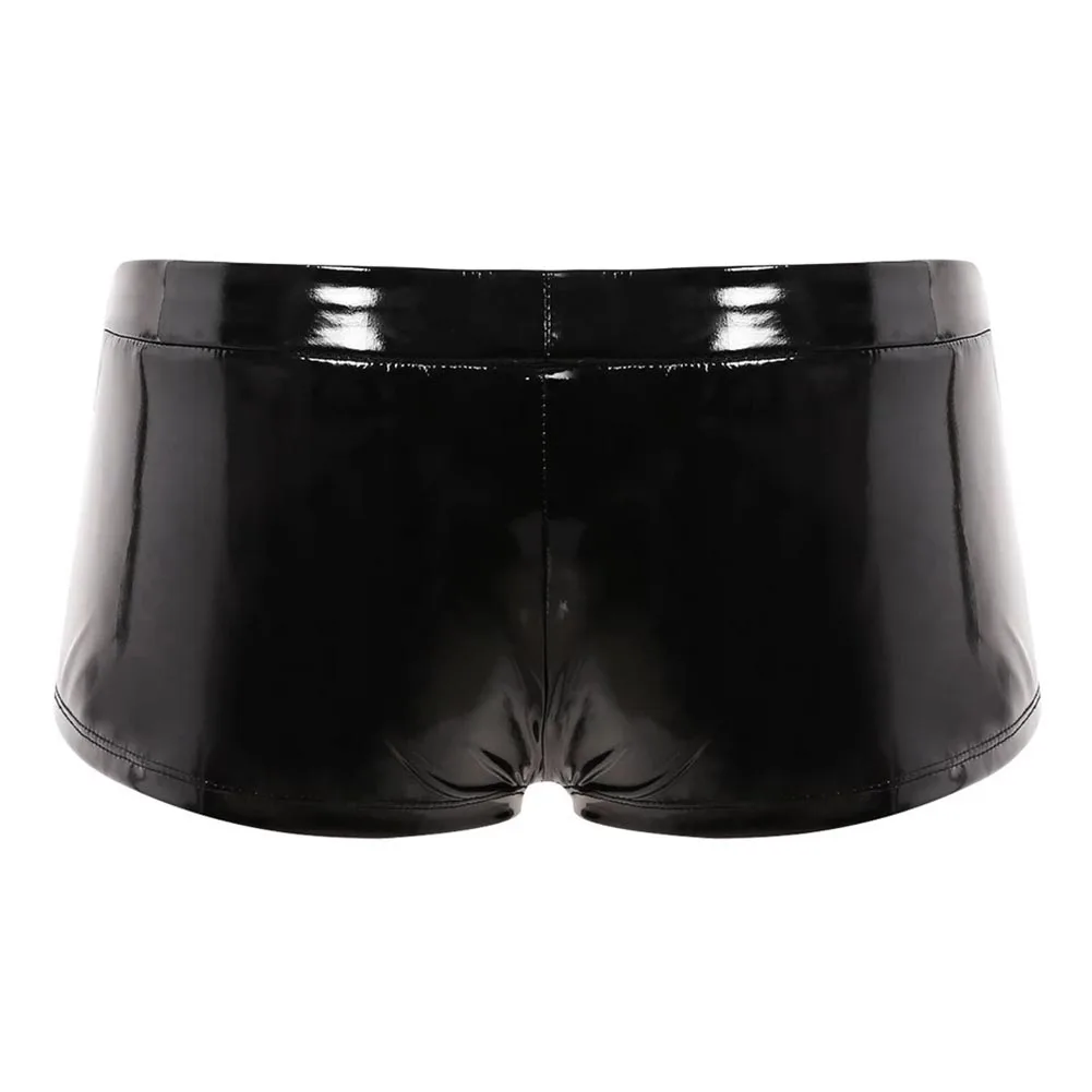 Boxer Briefs Men Underwear Crotchless Male Open Front Hole PVC Leather Sexy Shorts Slight Stretch Wetlook Vacation